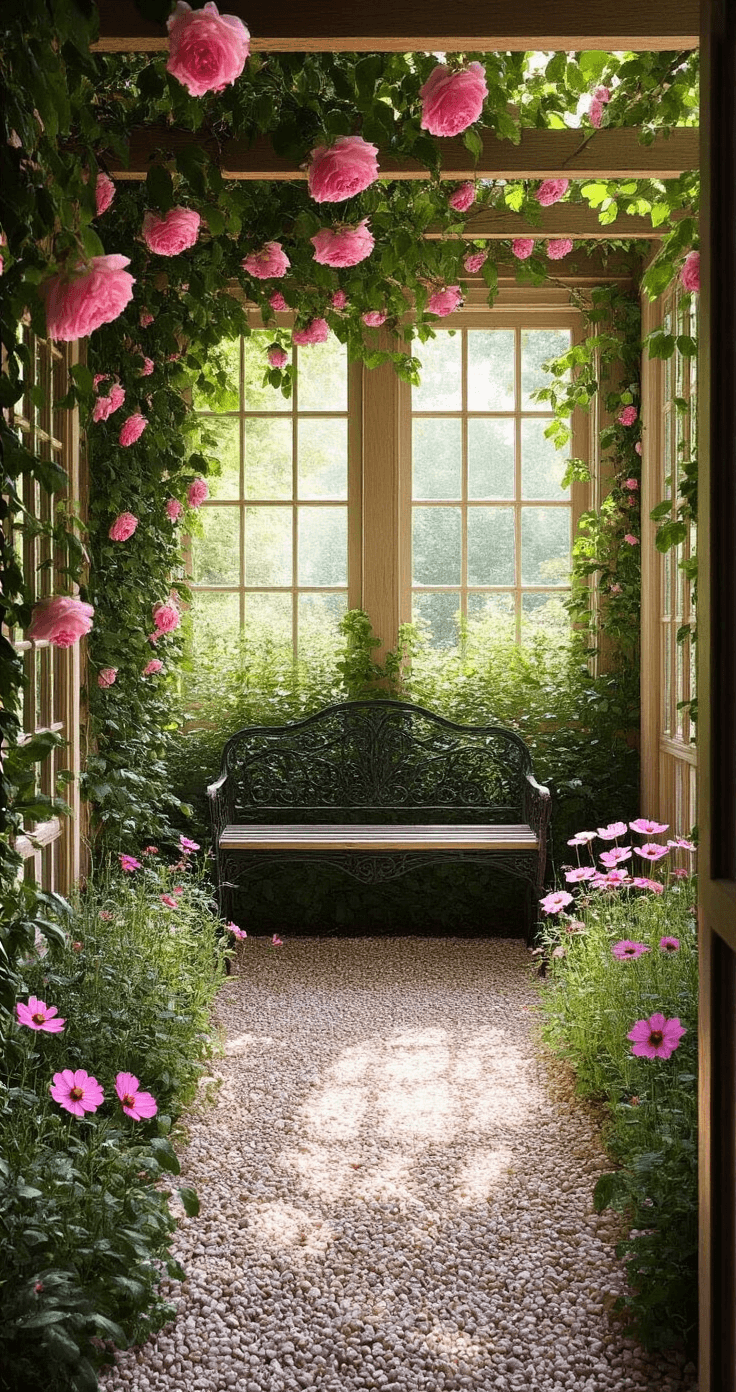 A charming garden room featuring pink climbing roses on cedar trellises, dappled sunlight filtering onto a crushed shell pathway, and a vintage iron bench at the center, surrounded by pink cosmos and snapdragons, captured from a corner angle to emphasize depth.