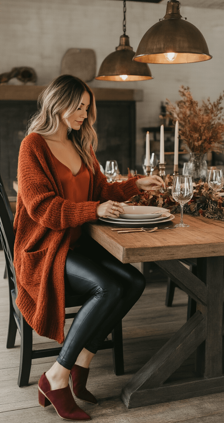 Styling Your Perfect Friendsgiving Look: Cozy Meets Chic A warmly lit rustic-modern dining room features a farmhouse table set for fall, with a subject in a rust-colored oversized wool cardigan over a silk camisole, black leather leggings, and burgundy suede mules. Gold rings on their fingers glimmer under industrial pendant lamps as they arrange table settings, captured from an elevated angle.