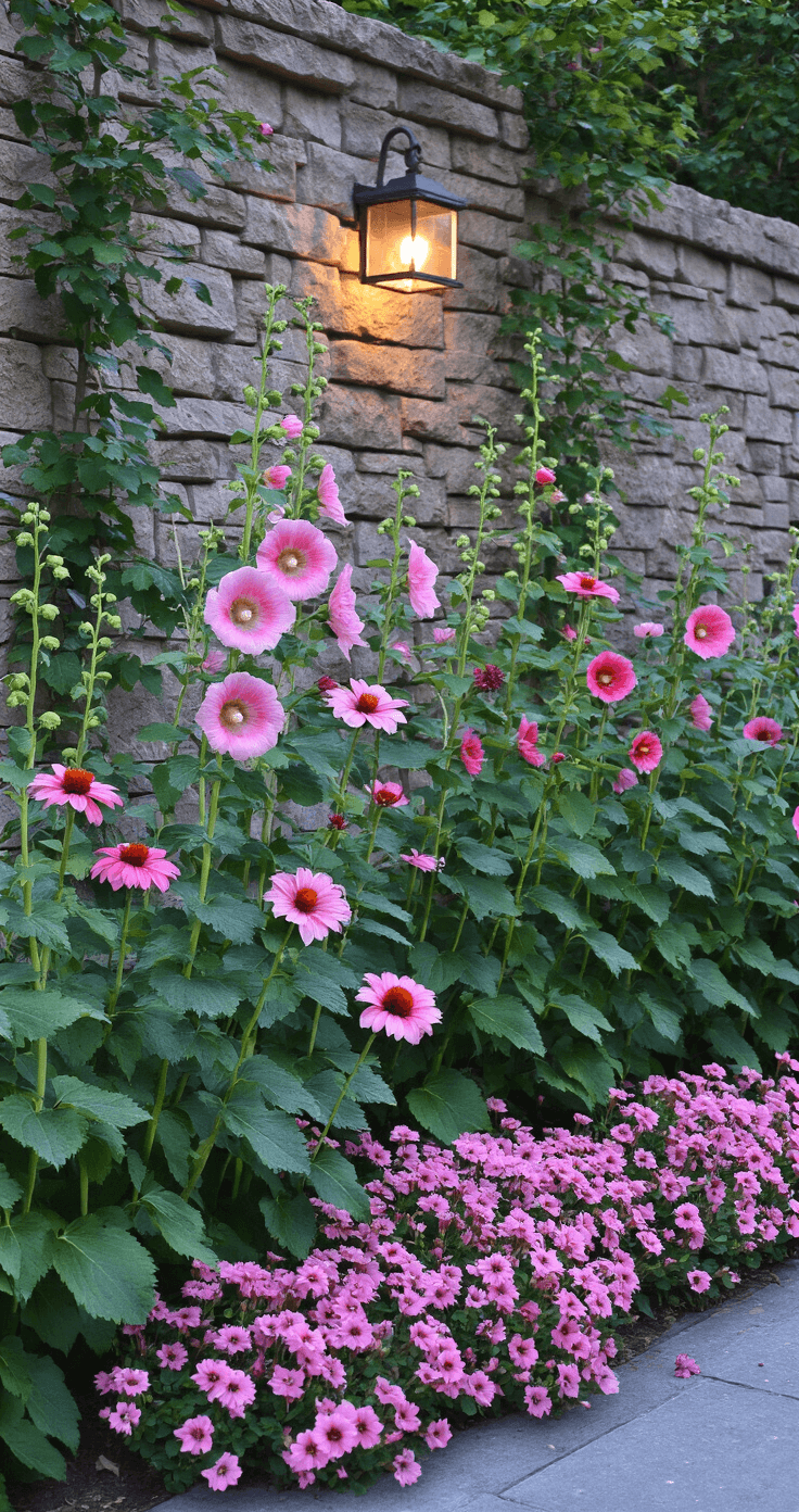 A serene blue hour scene showcasing a transitional border garden with 6' pink hollyhocks, 4' pink coneflowers, and 2' pink dianthus ground cover, all framed by a stone wall adorned with trailing pink clematis, highlighted by subtle outdoor lighting to emphasize depth and architectural elements.