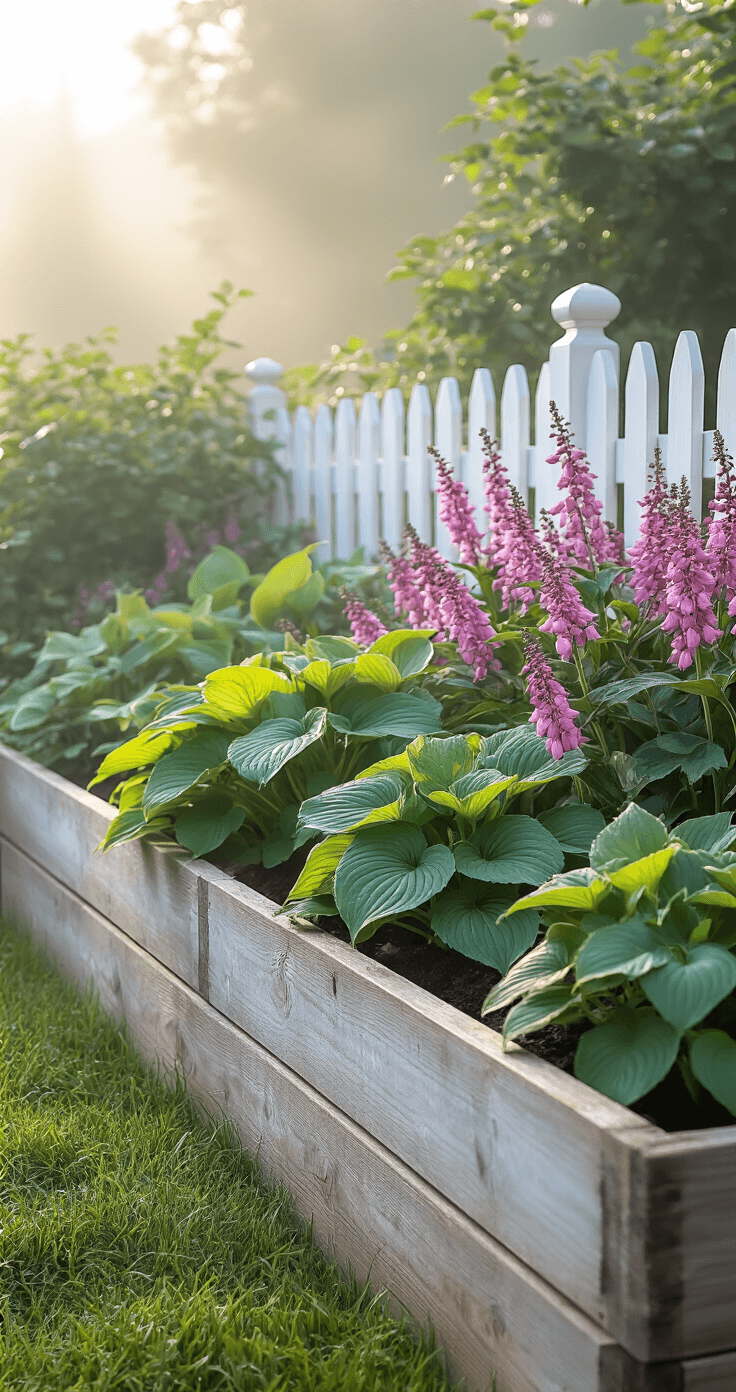 Intimate morning scene of a cottage-style raised bed garden with a weathered cedar planter overflowing with hostas and pink bleeding hearts alongside a white picket fence, enveloped in early morning mist and soft, diffused lighting.
