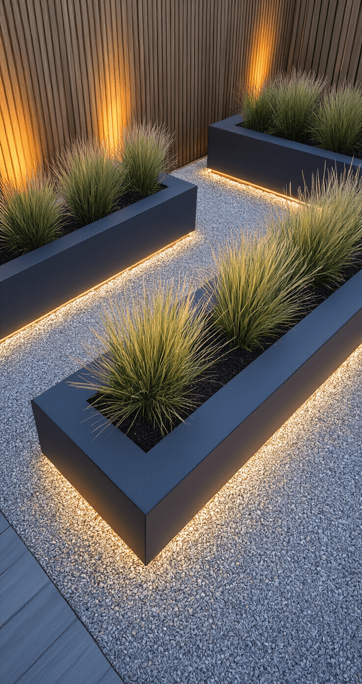 Minimalist raised bed installation with three metal-edged beds in matte charcoal, featuring drought-resistant grasses and light gravel mulch, captured at twilight with LED uplighting against a wooden fence backdrop.