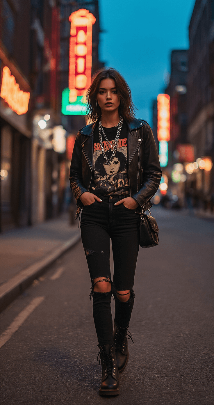 A model in motion at a dimly lit urban street corner, wearing a distressed vintage band tee, high-waisted black ripped jeans, and combat boots, with a leather jacket over her shoulders and layered silver chains. A worn black cross-body bag rests at her hip, and her hair is slightly tousled with natural makeup, while blurred neon signs create a moody atmosphere in the background.