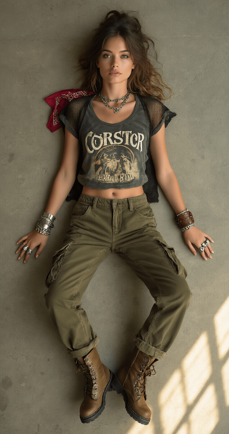 Flat lay of a layered concert outfit on a concrete floor, featuring a faded rock band tee under a cropped mesh top, deep olive cargo pants, combat boots with metal hardware, chunky silver rings, leather cuff bracelets, and a deep red bandana, all illuminated by natural sunlight.