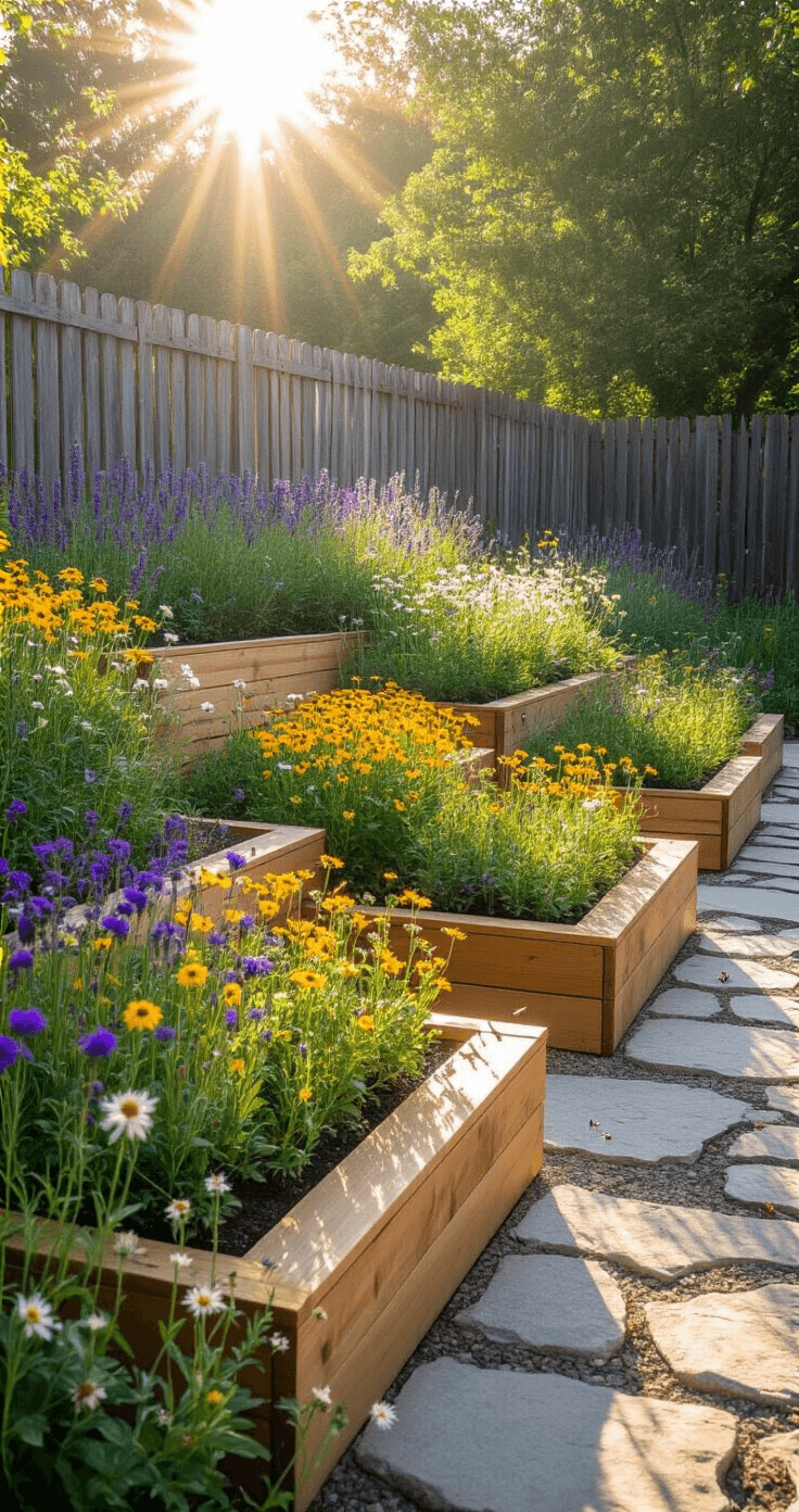 A wide-angle view of a 25-foot native plant showcase with three tiered cedar raised beds, featuring indigenous wildflowers in purple, yellow, and white, set against a rustic fence, with natural stone pathways and beneficial insects among the blooms.