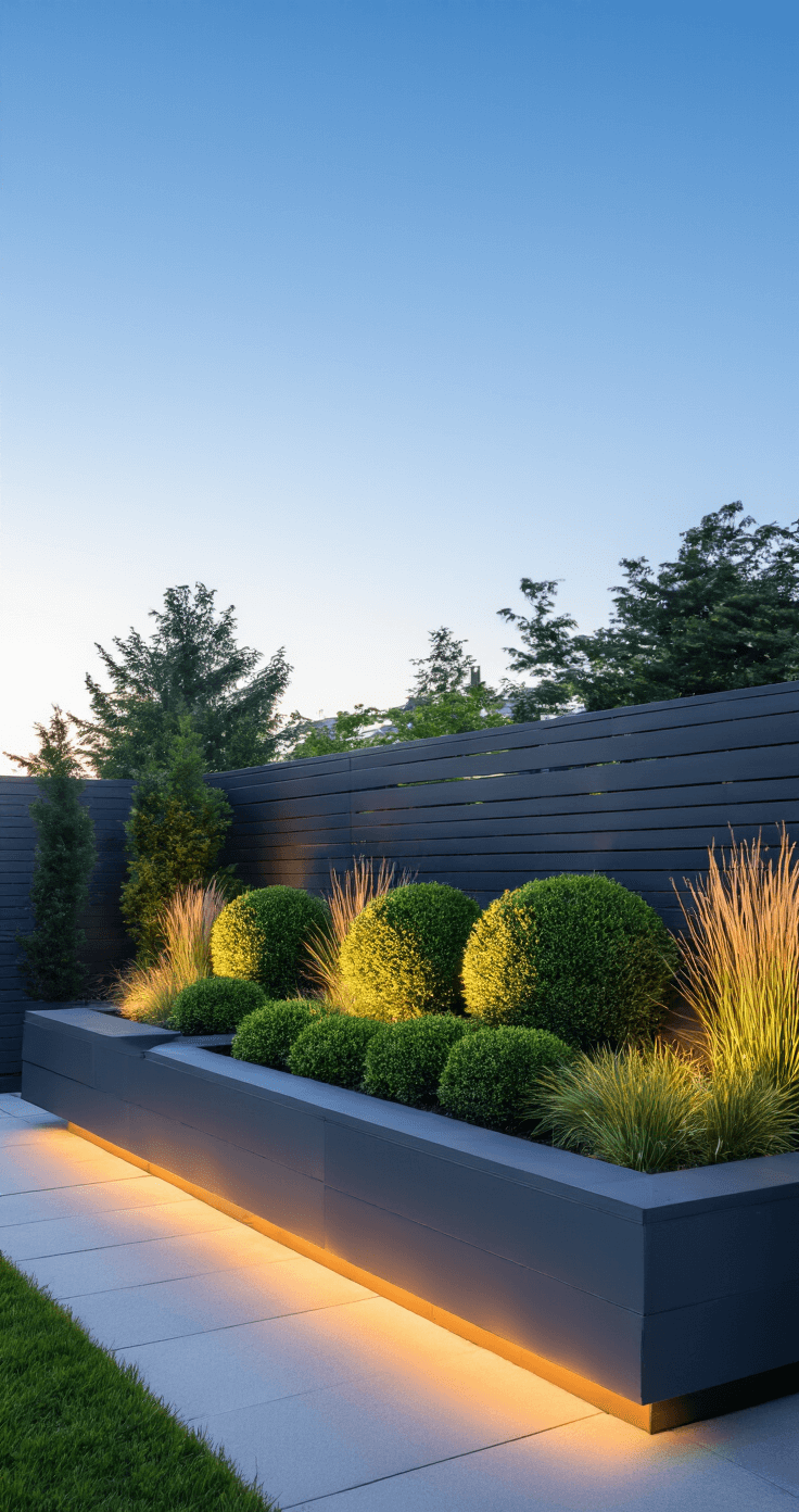 Dusk photograph of a modern raised bed design with graphite composite planters of varying heights, accented by boxwood spheres and ornamental grasses, illuminated by cool LED lighting against a sleek horizontal fence.