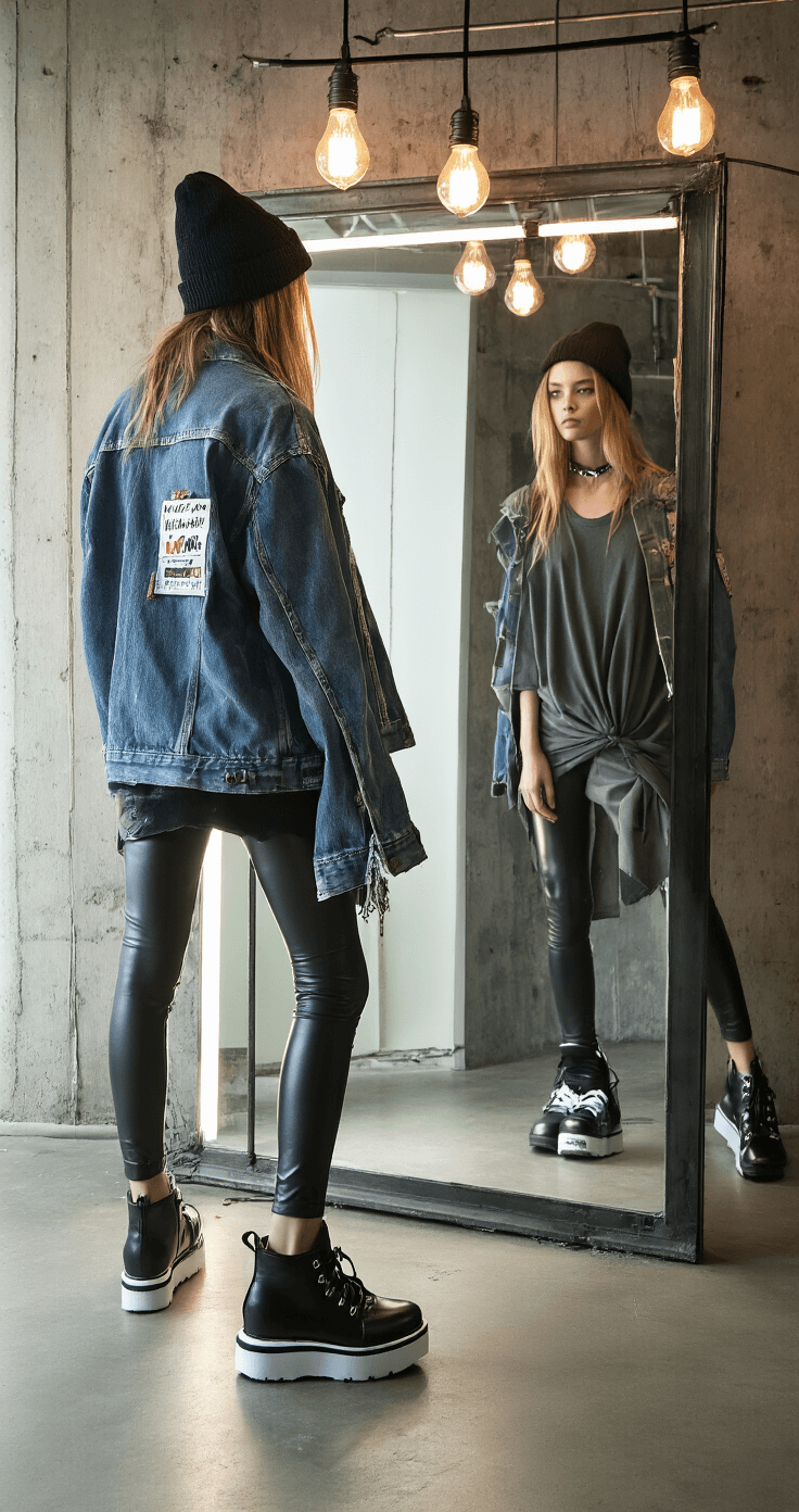 A model tries on layers in a backstage-inspired setting, standing in front of an industrial mirror. She wears metallic black platform sneakers, leather-look leggings, and an oversized band tee knotted at the waist. A denim jacket with patches hangs nearby, with a beanie and choker necklace visible. The scene is lit by ambient lighting from exposed bulbs against a backdrop of grungy concrete walls, captured at a slight angle showing both the model and her reflection.
