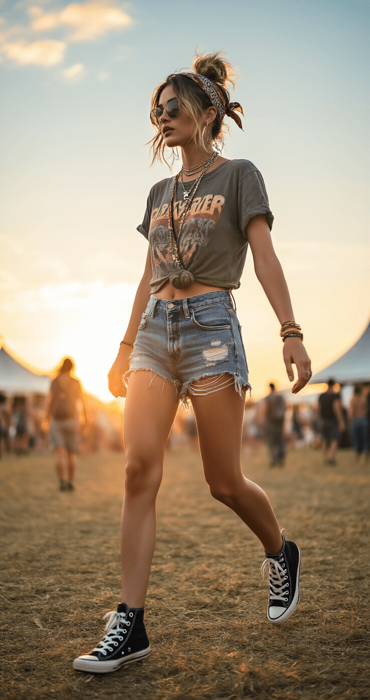 A model captured mid-stride at an outdoor festival during sunset, wearing distressed denim shorts, a vintage band tee, and high-top sneakers. Multiple necklaces reflect golden light as a crossbody bag swings. Hair is styled in a messy top knot with a bandana. The background features blurred festival tents, with a dynamic perspective from hip level showcasing motion blur.