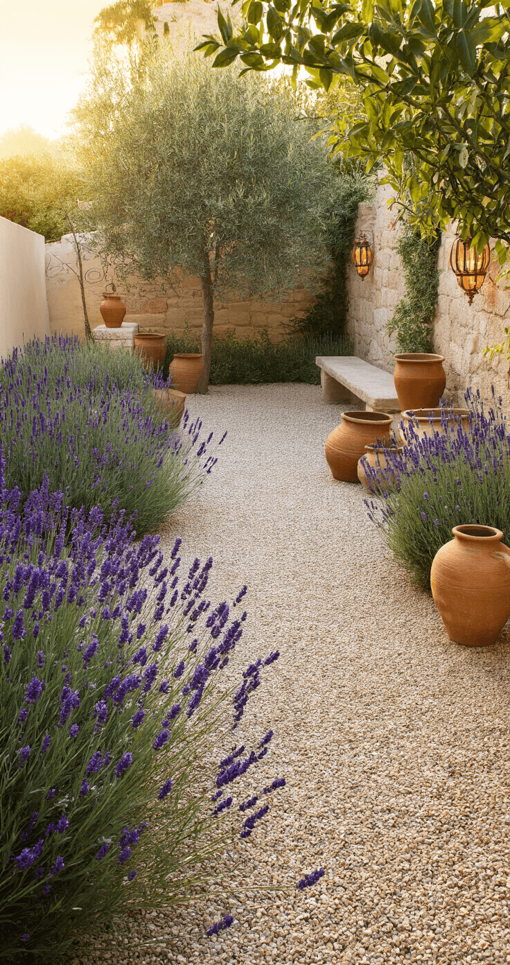 A serene Mediterranean-style gravel courtyard at golden hour, featuring honey-colored gravel, blooming lavender, terracotta pots with rosemary and olive trees, a rustic stone bench, and warm copper lanterns, captured from a raised angle to highlight geometric patterns in the gravel.
