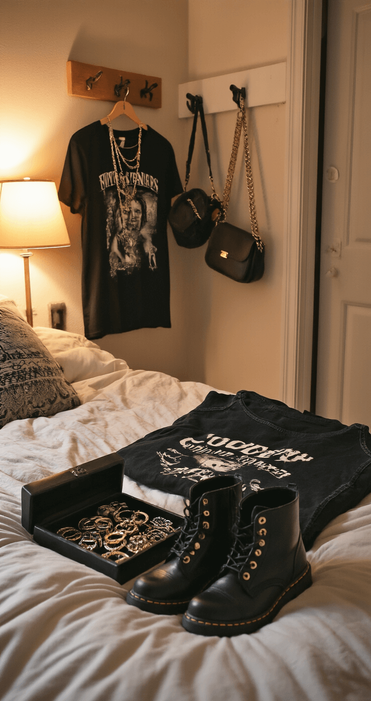 Cozy bedroom corner featuring high-waisted black jeans and band tees on an unmade bed, combat boots arranged underneath, an open jewelry box showing chunky rings and chains, crossbody bags hanging on a door hook, all illuminated by warm lamp light.