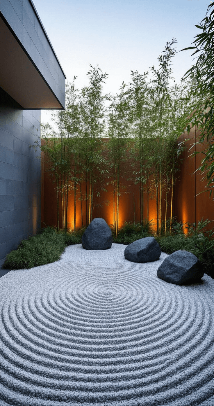 A serene Zen gravel garden at dawn, featuring white gravel raked into concentric circles around charcoal granite boulders, with minimal black bamboo plantings near slate grey walls, all illuminated by soft morning light and subtle uplighting.