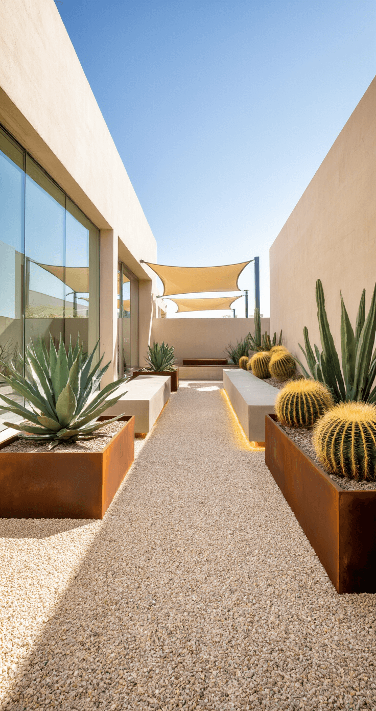 A contemporary drought-resistant courtyard featuring pale limestone gravel, geometric cor-ten steel planters with architectural agaves and golden barrel cacti, modern concrete benches illuminated by LED lighting, and glass privacy walls reflecting desert plantings, all captured at midday under softened harsh sunlight from translucent shade sails.