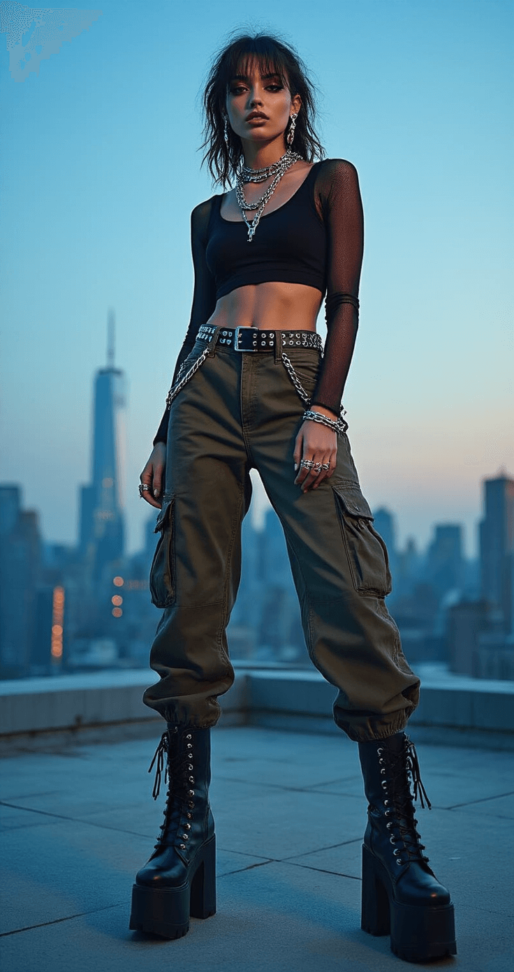 Model poses confidently on an urban rooftop at blue hour, showcasing platform boots, cargo pants with chain details, and a cropped tank layered under a mesh long sleeve. Accessorized with multiple silver necklaces and ear cuffs that catch the last light, along with a studded belt. The model's hair features edgy waves and smokey eye makeup, with the city skyline darkening in the background.