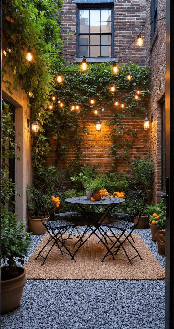 A cozy urban courtyard at dusk featuring warm grey gravel, reclaimed brick walls with climbing jasmine, a vintage metal bistro set on a jute rug, market lights overhead, and potted herbs and citrus trees, creating an intimate and inviting atmosphere.