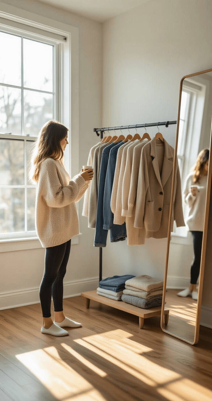 A female student stands in a sunlit minimalist dorm room, arranging her capsule wardrobe of neutral-toned clothing on a rack while holding a coffee cup. The space features natural wood floors, white walls, and a full-length mirror, with soft morning light streaming through a large window, creating a cozy and organized atmosphere.