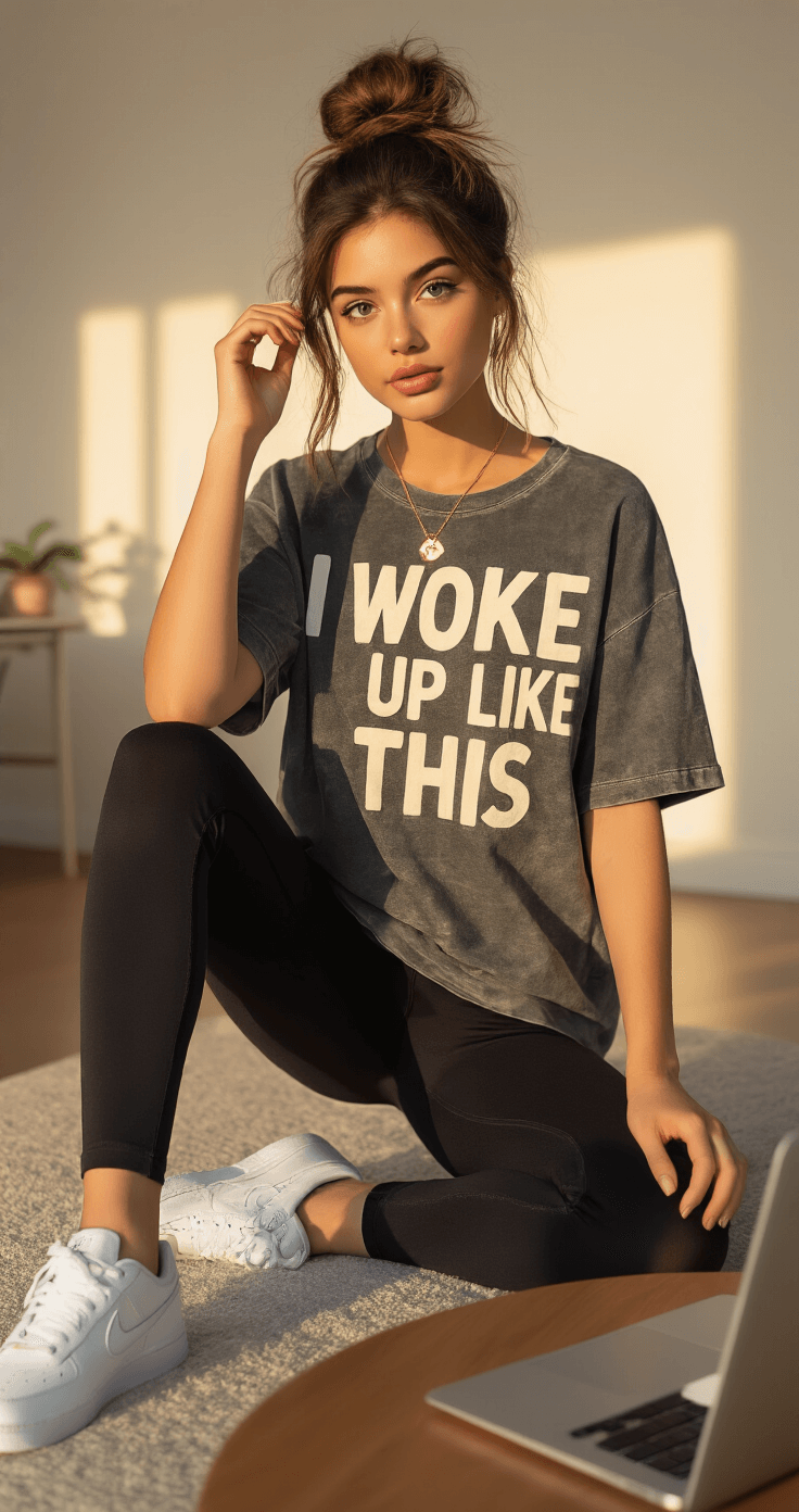 A student in a modern college apartment living room styles her 'I Woke Up Like This' look with black high-waisted leggings and an oversized vintage-wash graphic tee. Sunlight highlights her messy bun as she adjusts a gold pendant necklace, with white Nike sneakers in the foreground and a MacBook on a minimalist coffee table.