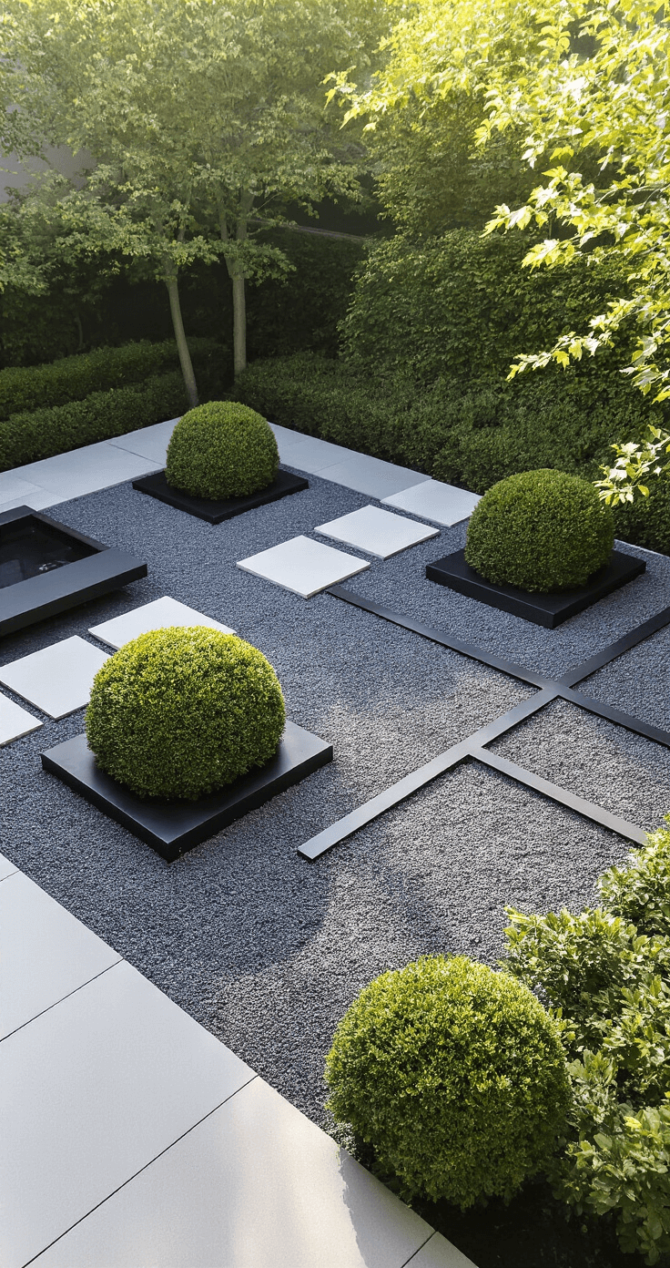 Aerial view of a minimalist gravel garden featuring geometric sections of black basalt gravel, slim steel edging, and three cloud-pruned boxwoods. A matte black water feature adds tranquility, all captured in soft morning light.