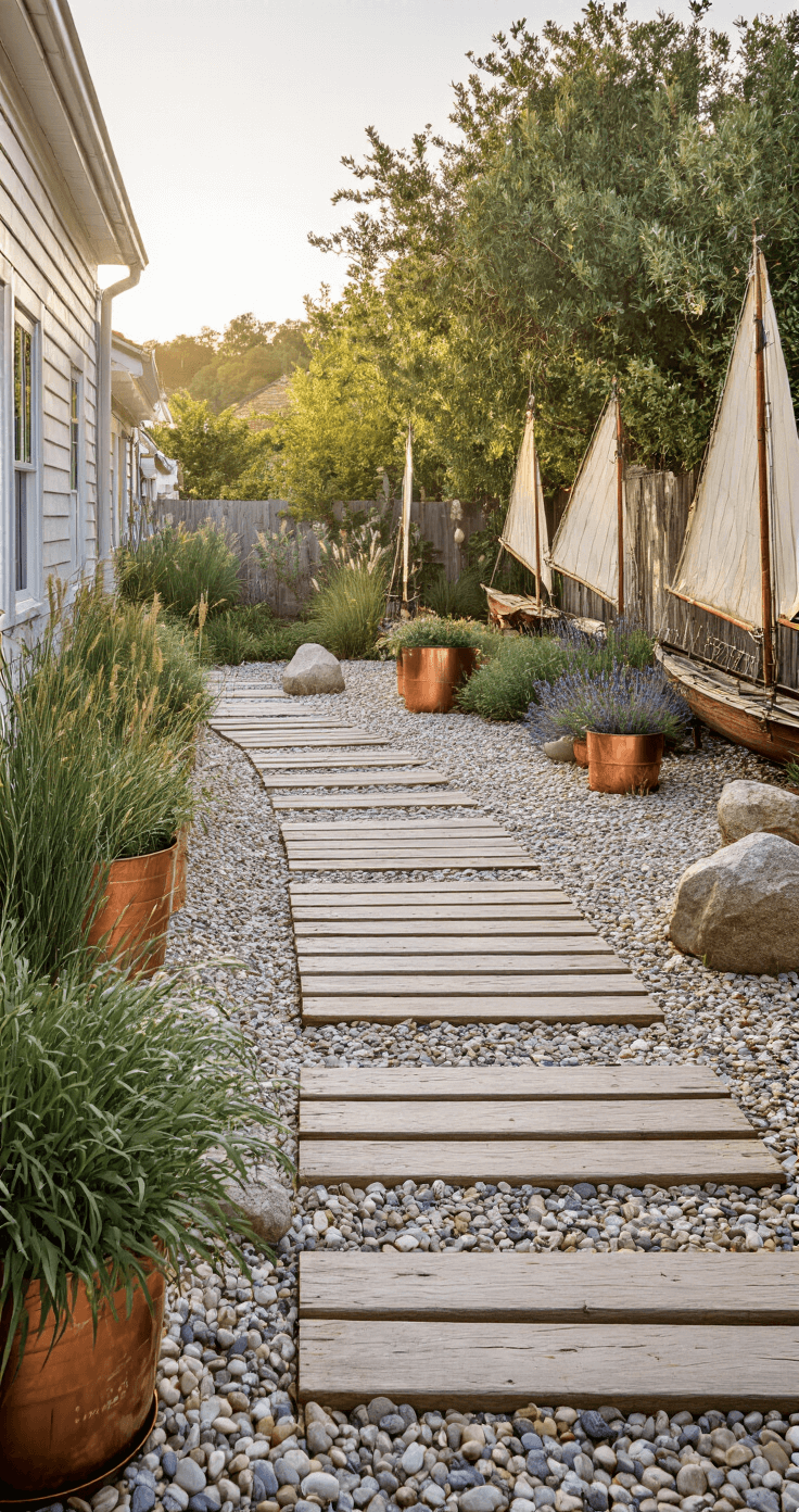 A coastal courtyard featuring pale beach pebbles and larger river rocks, with a weather-worn wooden boardwalk crossing diagonally. Hardy seaside plants in copper containers and vintage sailing artifacts enhance the scene, captured at a 45-degree angle during golden hour with subtle blue highlights, evoking a casual and breezy atmosphere.