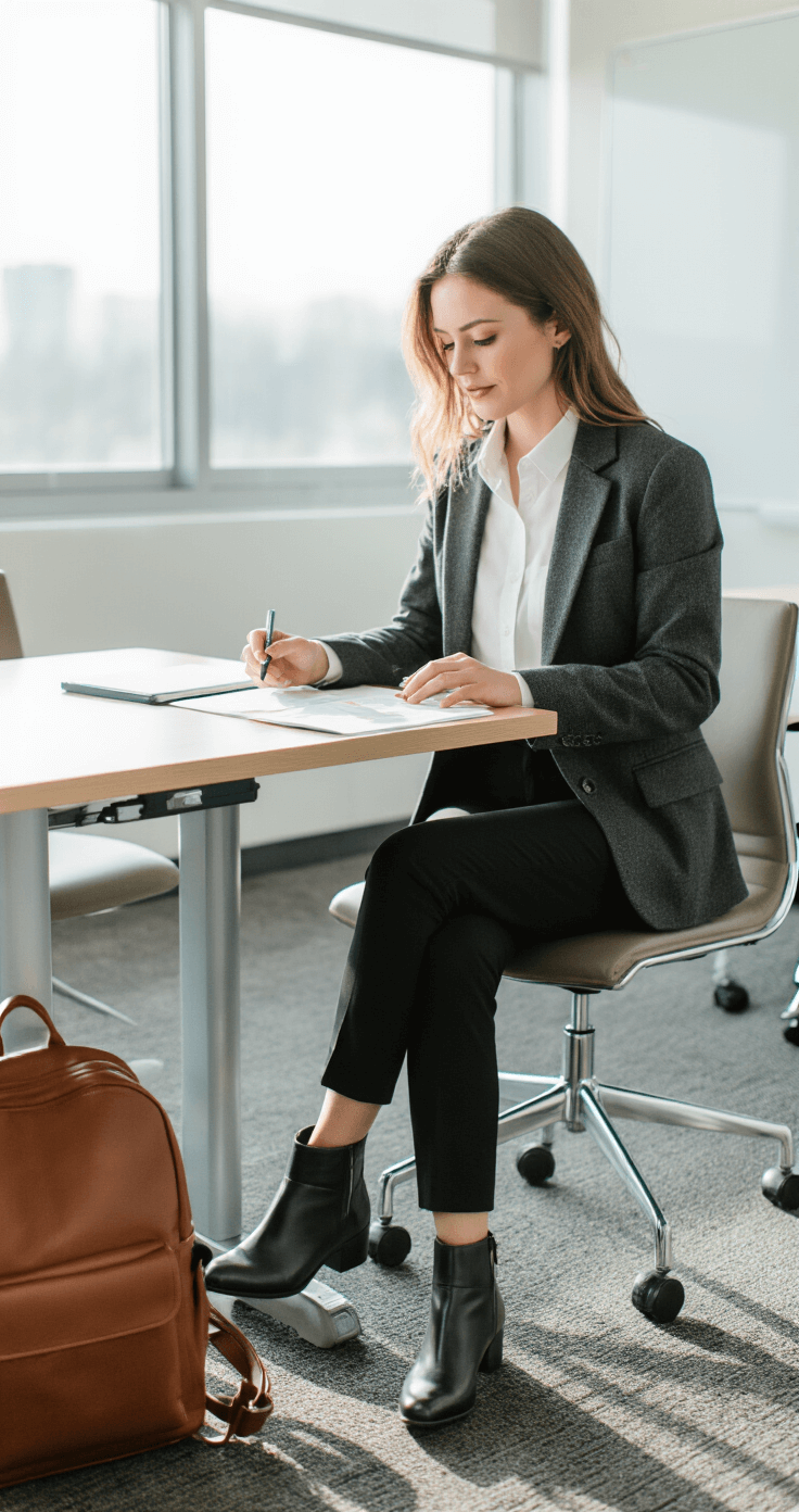 A student dressed in tailored black ankle pants, a crisp white button-down, and a structured charcoal blazer sits at a modern desk in a bright university classroom, arranging presentation notes. Leather ankle boots shine in the natural light, and a leather backpack is nearby. The shot is from a low angle, highlighting her professional posture and outfit details.