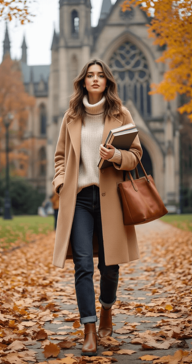 A student in a chunky cream turtleneck sweater and camel wool coat walks through an autumn campus with gothic architecture in the background, carrying textbooks in a leather tote, surrounded by falling leaves.
