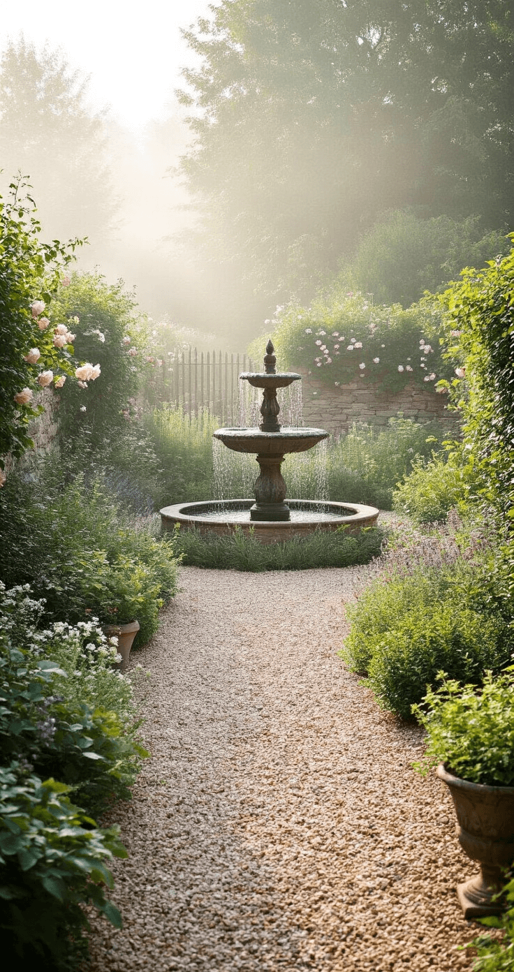 A romantic English-style gravel garden shrouded in soft morning mist, featuring winding Cotswold gravel paths, abundant cottage plants, weathered stone walls with climbing roses, antique lead containers filled with herbs, and a classical stone fountain in the center, all captured in diffused natural light with a shallow depth of field.
