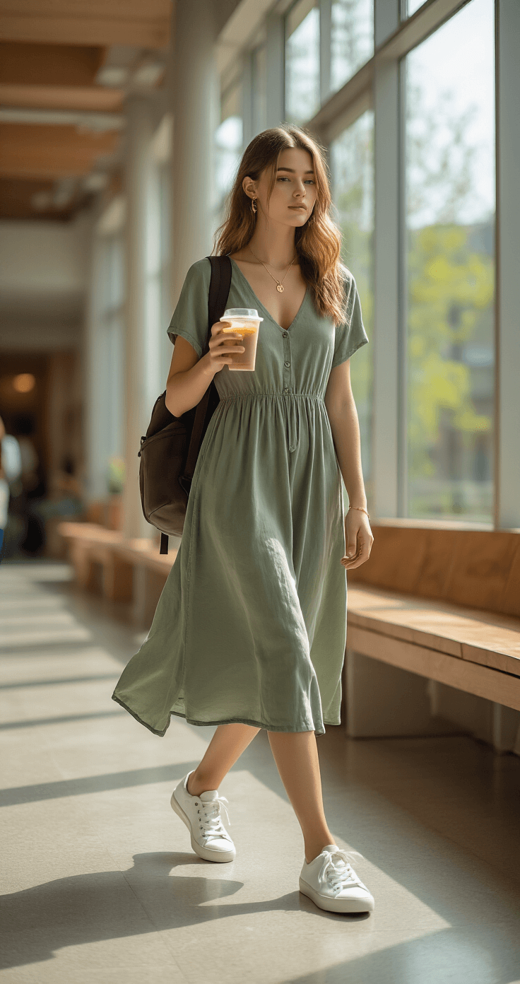A student in a flowing sage green midi dress and white canvas sneakers walks through a sunlit commons area, a backpack over one shoulder and iced coffee in hand, with natural light accentuating the dress's movement.