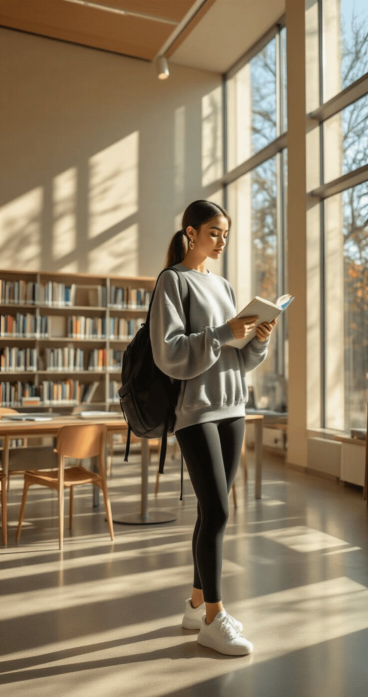 Aerial view of a modern college library interior in warm afternoon light, featuring a student in black high-waisted leggings, an oversized gray sweatshirt, and white sneakers, organizing her backpack. Her sleek low ponytail and subtle gold hoops complement the minimalist study spaces and dramatic shadows cast by west-facing windows.