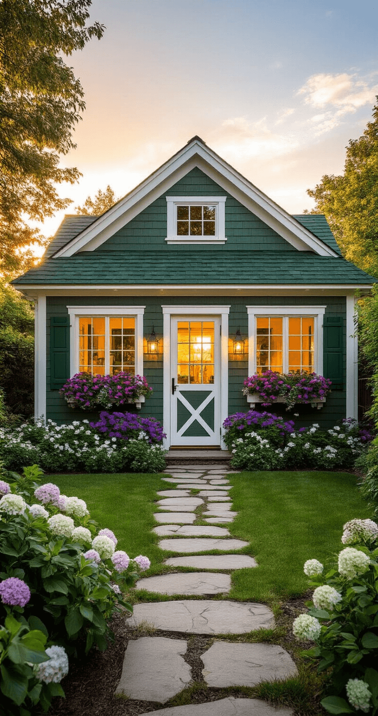 Green Garden Sheds: Your Ultimate Outdoor Storage Solution A charming Cape Roof style garden shed with a green 7/12 pitch roof and white trim, nestled in a lush backyard during golden hour. Weathered cedar shingles and vintage vinyl shutters in forest green complement two windows reflecting warm sunset light. Flower boxes overflow with cascading purple petunias and white lobelia, while a stone pathway leads to a Dutch door flanked by hydrangea bushes and climbing roses, all bathed in soft natural lighting.