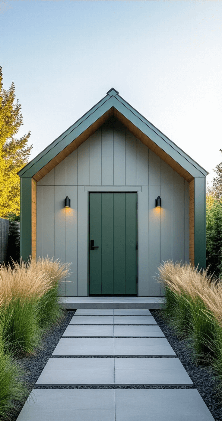 Green Garden Sheds: Your Ultimate Outdoor Storage Solution Modern A-Frame garden shed in sage green metal with light grey composite siding, featuring clean lines and a single oversized door, surrounded by ornamental grasses and geometric concrete pavers, photographed in diffused morning light.