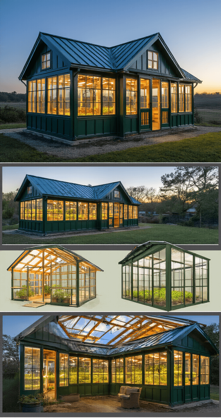 Green Garden Sheds: Your Ultimate Outdoor Storage Solution Luxurious deluxe greenhouse shed at dawn with a dramatic pitch roof, generous overhangs, large windows creating a greenhouse effect, and warm interior LED grow lights, all highlighted by professional strobe lighting.