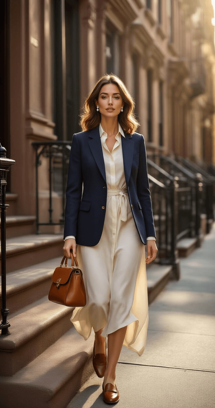 A woman in a tailored navy blazer and ivory silk dress descends a Manhattan brownstone stoop during golden hour, carrying a cognac leather bag and wearing penny loafers, with pearl studs in her ears and soft waves in her hair.