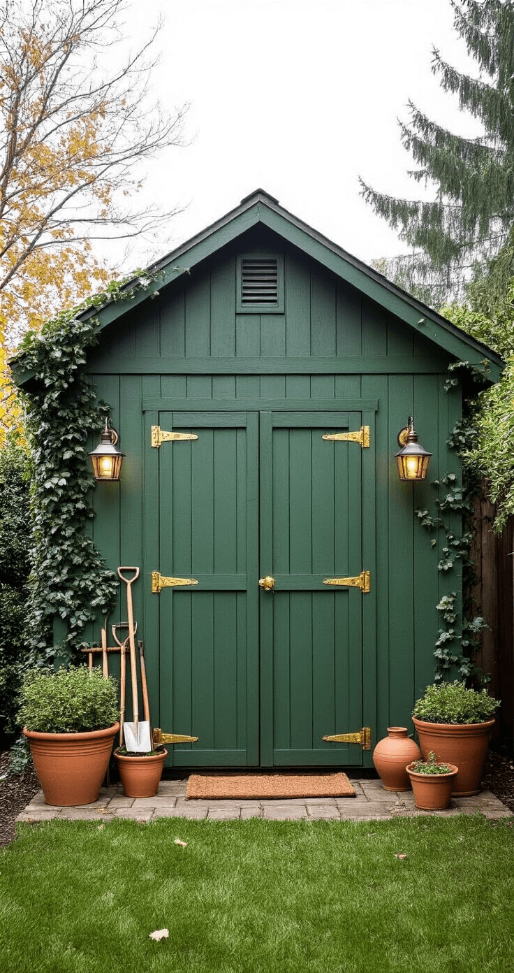 Green Garden Sheds: Your Ultimate Outdoor Storage Solution Classic wooden garden shed with board-and-batten construction painted heritage green, featuring natural wood grain, brass hardware, and period lighting fixtures; partially covered in climbing ivy, styled with vintage gardening tools and terracotta pots, captured in soft, even lighting.