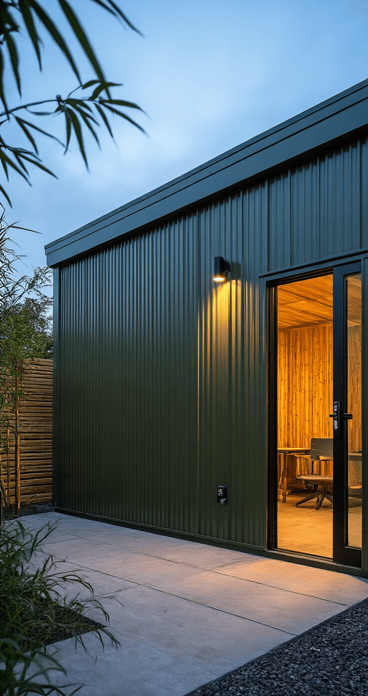 Green Garden Sheds: Your Ultimate Outdoor Storage Solution Contemporary olive green metal shed with galvanized steel panels, dynamic angle showcasing shadows from security lighting, modern sliding door, surrounded by bamboo and steel planters, captured during blue hour with warm interior lighting.