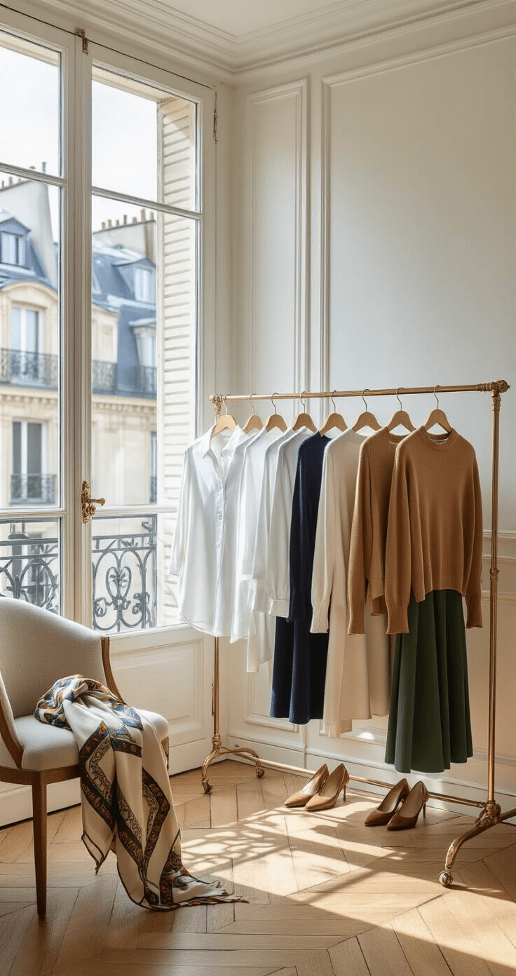 Bright, airy Parisian apartment interior with morning light filtering through floor-to-ceiling windows. A model organizes a capsule wardrobe on a brass clothing rack, featuring pressed white cotton shirts, camel cashmere sweaters, and A-line midi skirts in navy and forest green. A vintage Hermès silk scarf rests on a chair, and leather slingbacks are lined along the herringbone wood floor, all captured in soft, diffused lighting that enhances the textures.