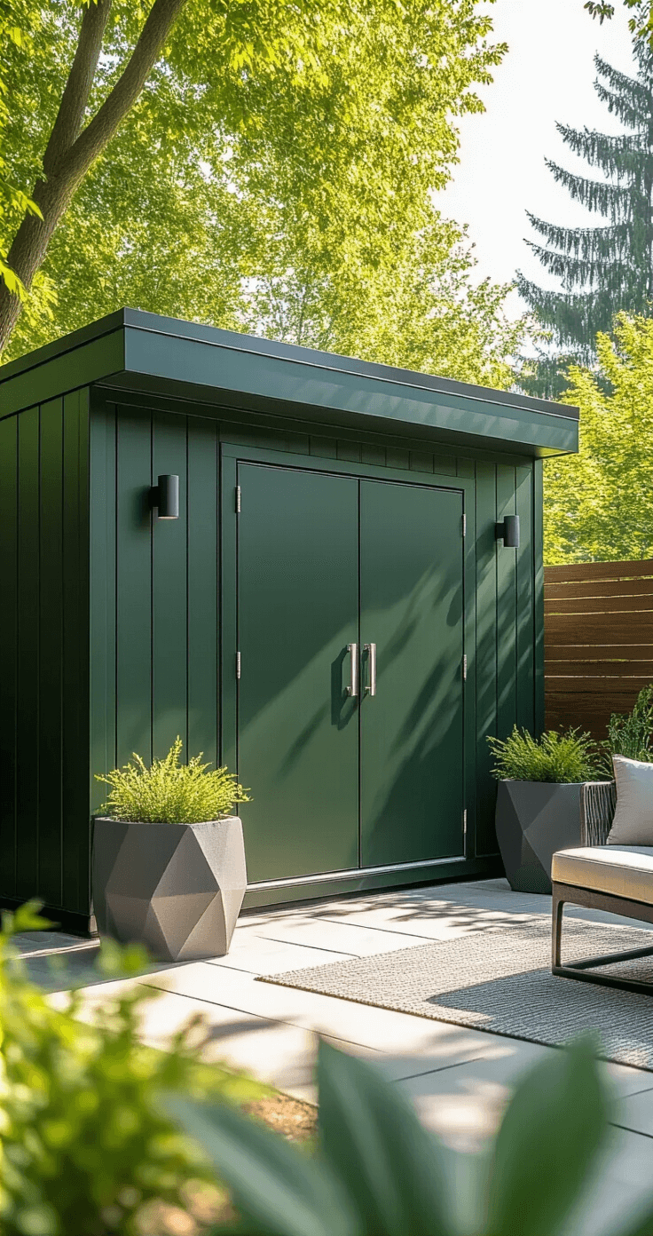Green Garden Sheds: Your Ultimate Outdoor Storage Solution Resin garden shed in forest green, photographed in bright midday sun with a three-quarter view; features textured panels, double doors with chrome handles, contemporary outdoor furniture, and geometric planters, showcasing clean lines and modern design.