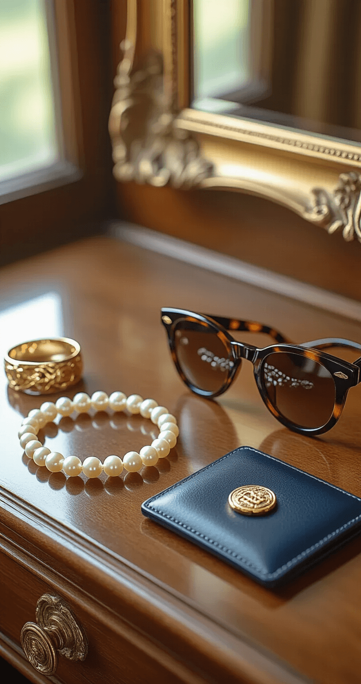 A close-up of styled accessories on an antique vanity in a wood-paneled dressing room, featuring a strand of real pearls, a gold signet ring, tortoiseshell sunglasses, and a navy leather card holder, with a subtle reflection in a baroque mirror.