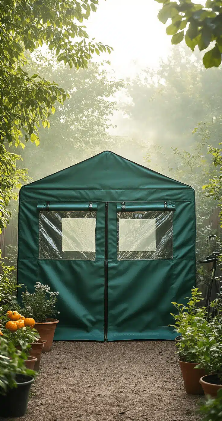 Green Garden Sheds: Your Ultimate Outdoor Storage Solution A small, reinforced green canvas temporary shed surrounded by potted plants and garden equipment, captured in soft morning light with heavy-duty zippers and clear panel windows, exhibiting a dreamy background blur.
