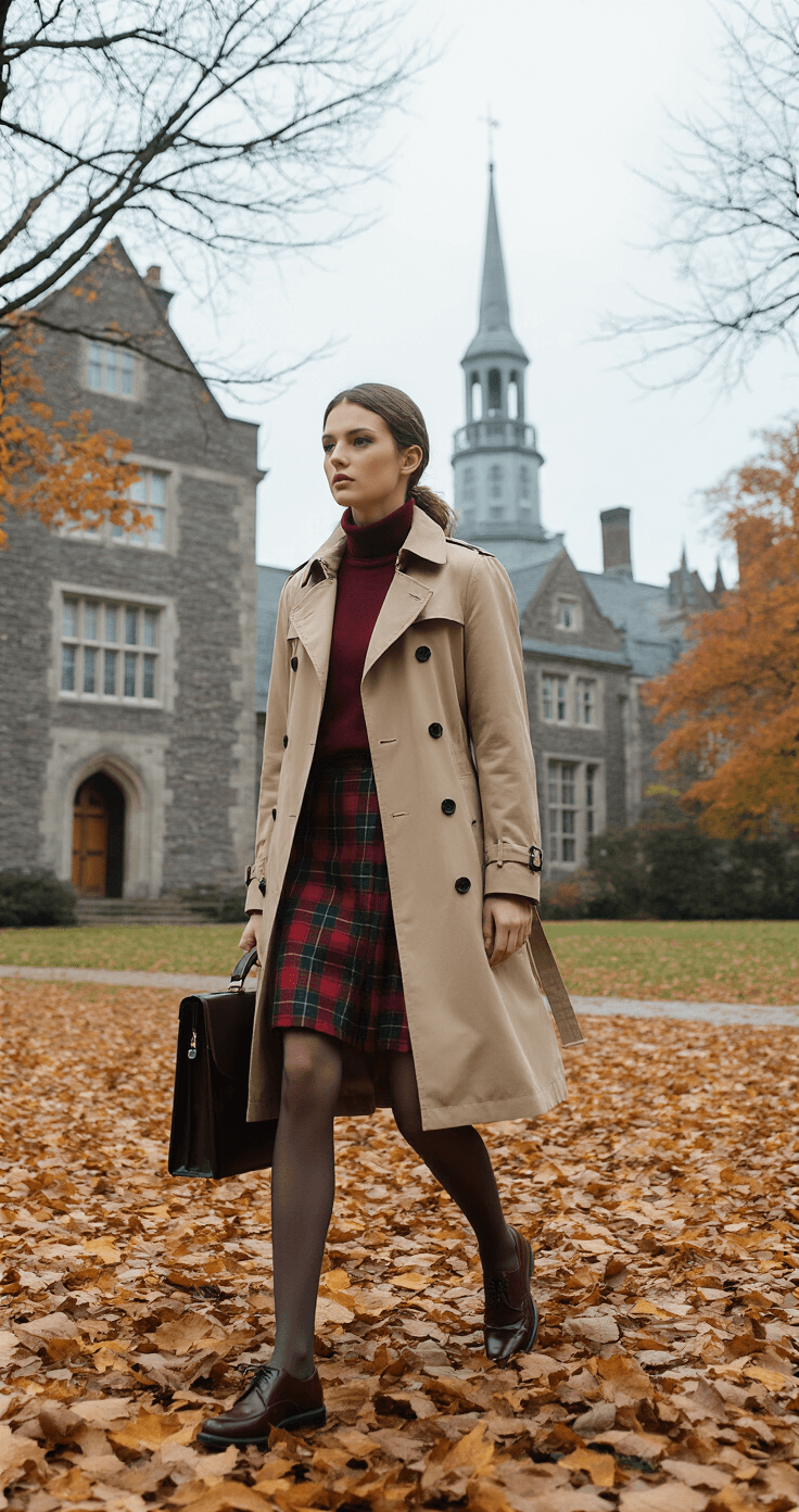 A student in a classic trench coat, wool tartan skirt, and burgundy cashmere turtleneck walks across a leaf-strewn quad at a historic New England prep school on an overcast autumn day, with a structured briefcase and black leather oxfords; the wide shot showcases the campus's architecture and vibrant fall colors under natural diffused lighting.
