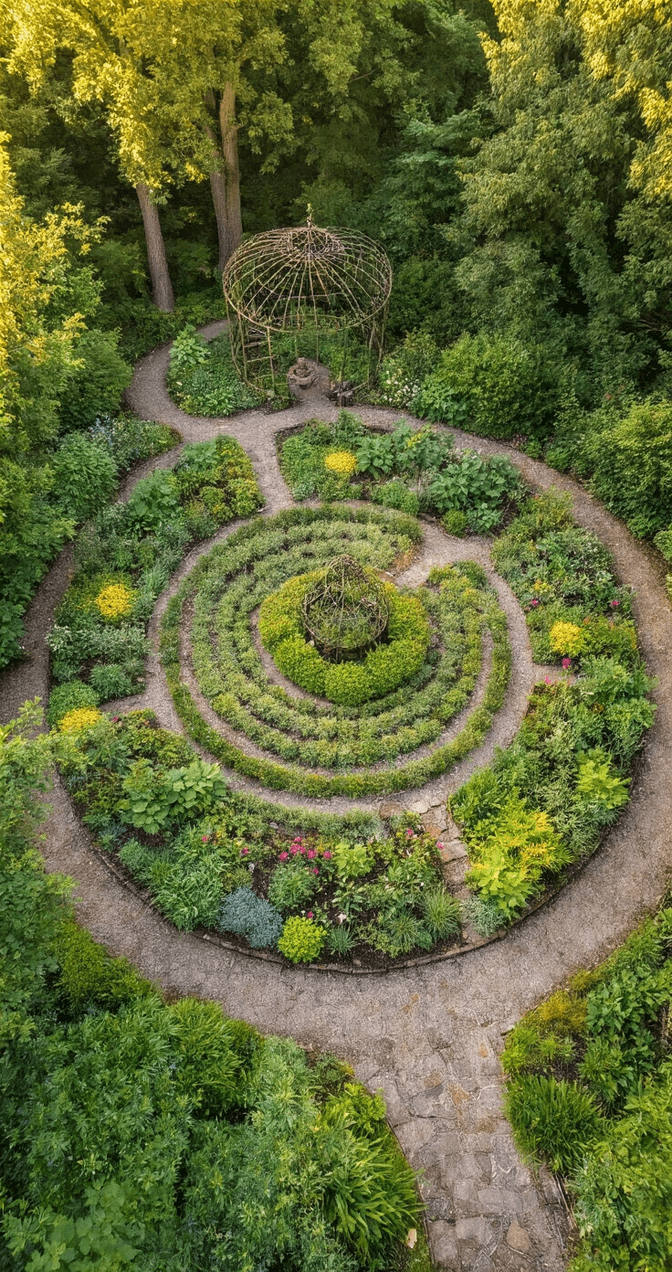 Overhead view of a circular cottage garden with concentric rings of plantings, featuring tall perennials on the outer circle, medium heights in the middle, and herbs and ground cover in the center, highlighted by a vintage iron gazebo, with winding natural paths and a vibrant mix of greens and colorful flowers.