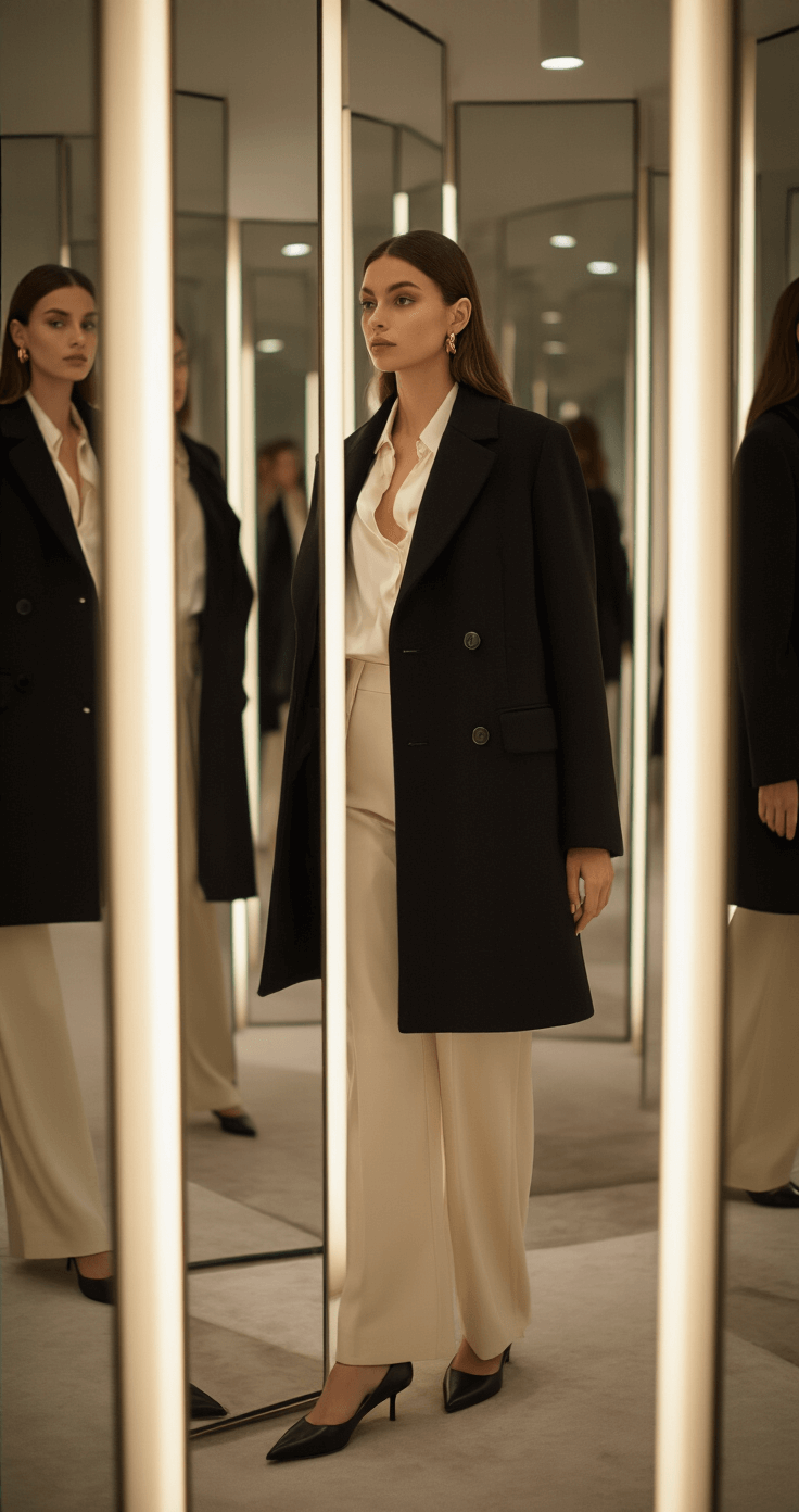A woman models a tailored black wool coat over a cream silk blouse and high-waisted trousers in a modern boutique fitting room with ambient lighting, surrounded by multiple mirrors that reflect her stylish outfit and accessories, including small gold hoops and leather pointed-toe flats.