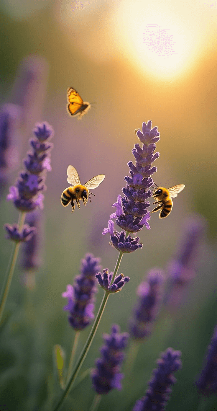 Close-up of lavender stems with bees and butterflies in a cottage garden, illuminated by golden evening light, showcasing insect details against a soft-focus garden backdrop.