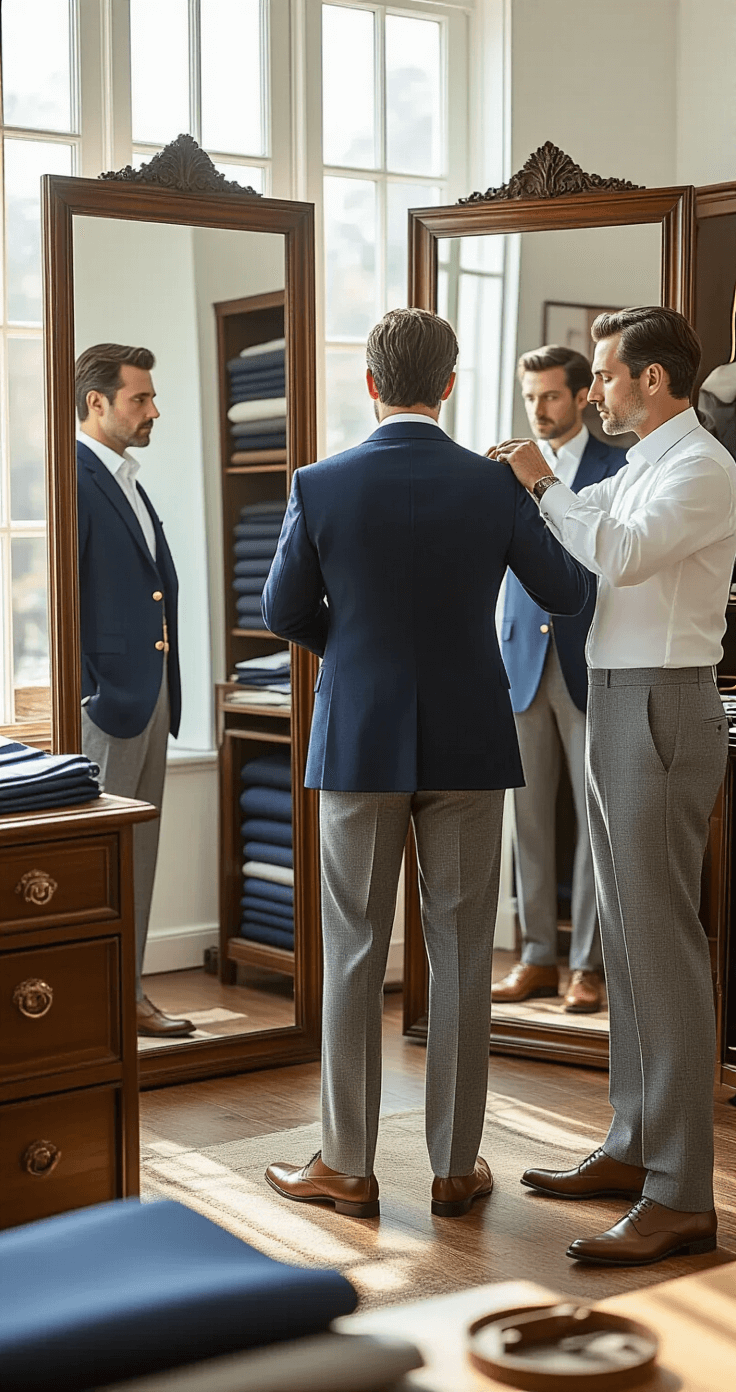 A distinguished gentleman is being fitted for a bespoke navy wool blazer in a sunlit tailor's studio, surrounded by premium fabrics and vintage wooden furniture, with precise tailoring details highlighted.