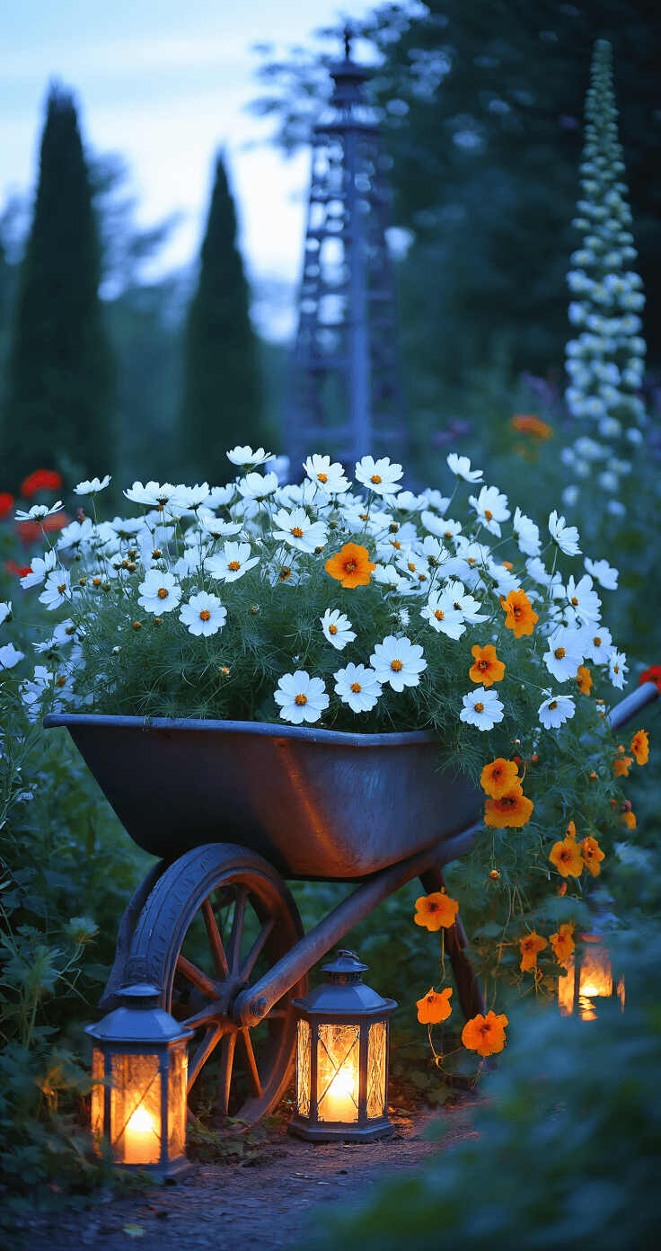 A twilight garden scene featuring a vintage wheelbarrow planter overflowing with white cosmos and trailing nasturtiums, illuminated by scattered solar lanterns against silhouettes of tall garden structures and flowering spires. The long exposure captures ambient light and lantern glow, emphasizing moody blue tones with warm lighting accents from a slightly elevated angle showcasing depth.