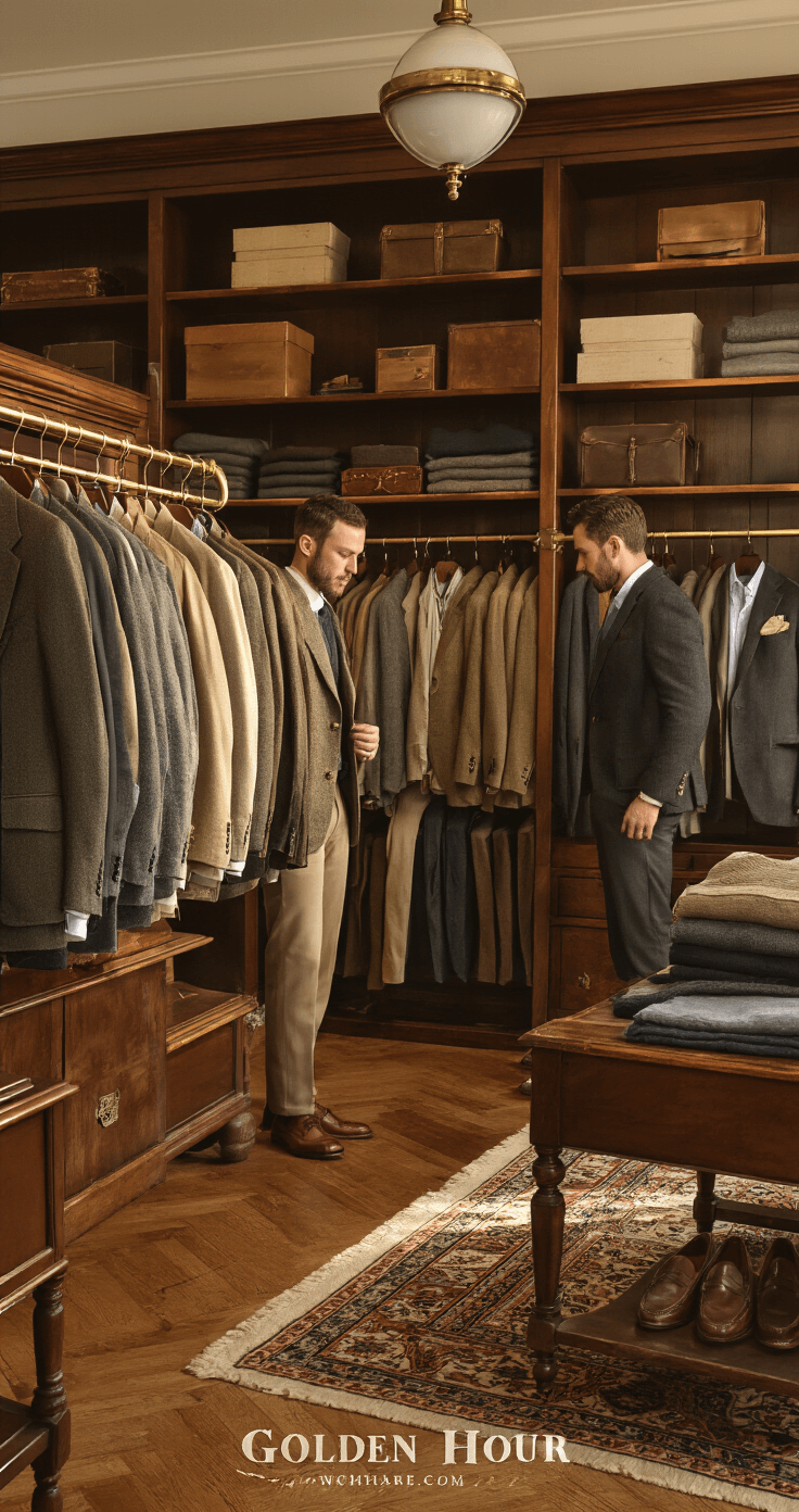 A well-dressed man browses classic tweed sport coats and cashmere sweaters in a sophisticated menswear boutique during golden hour, with warm light casting shadows on polished hardwood floors and outfits displayed on antique furniture.