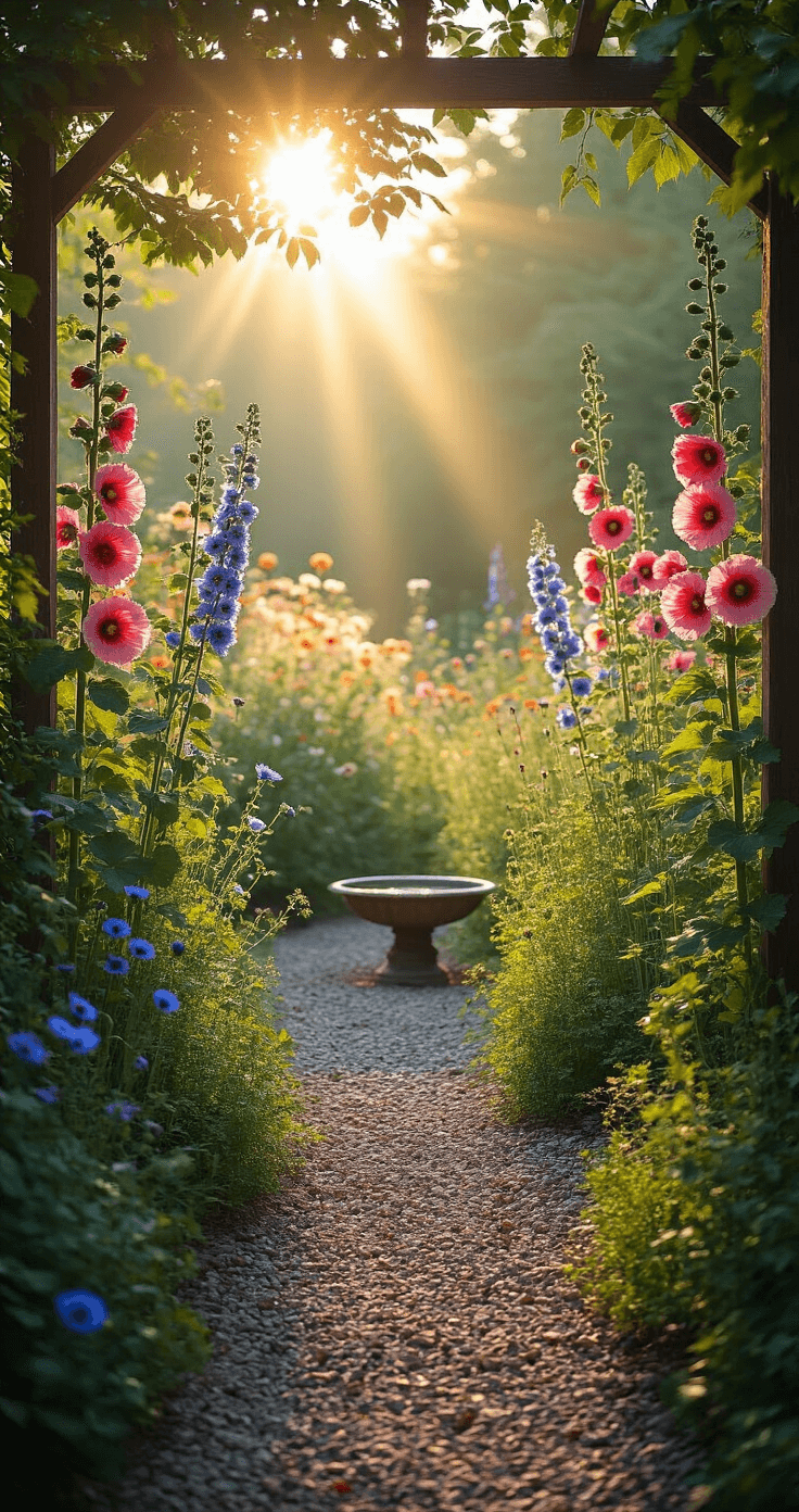 Morning sunlight filters through tall hollyhocks and delphiniums, framing a rustic garden entrance. Self-seeded poppies and cornflowers bloom in the middle ground, bordered by herbs along a gravel path. A bird bath glimmers in the early light, serving as a focal point, while the backlit scene accentuates the height of the plants and their silhouettes in a harmonious play of light and shadow.