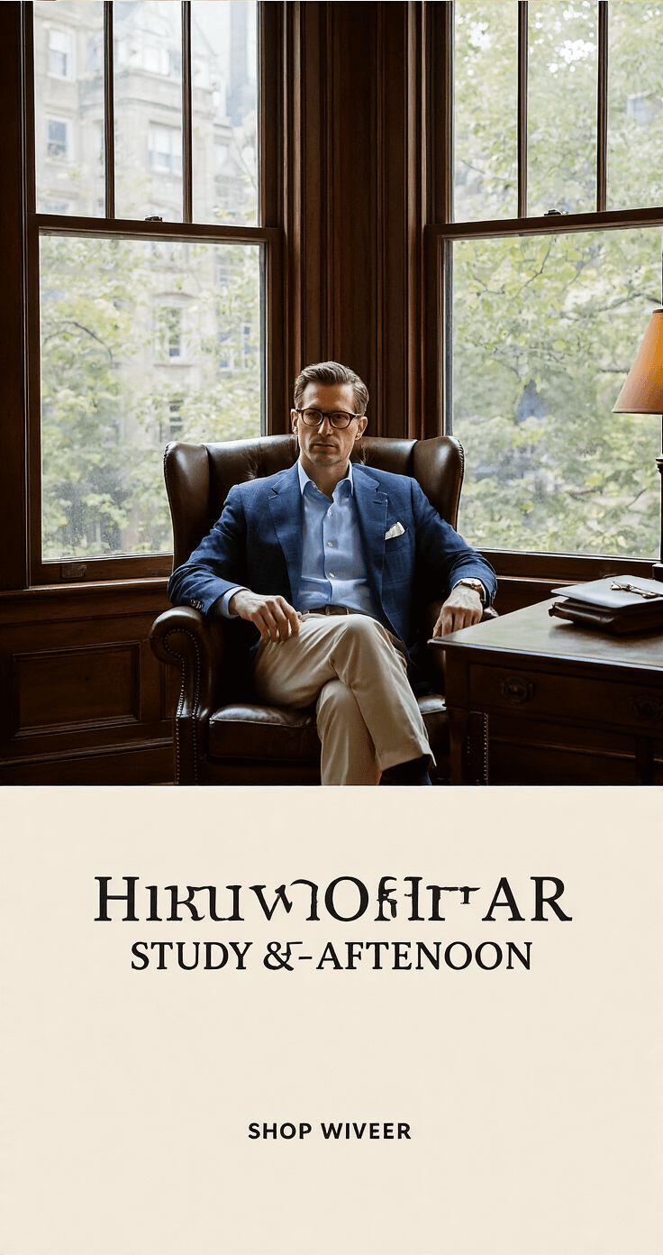 Gentleman in light blue Oxford shirt and navy blazer seated in leather wingback chair in a historic brownstone study, with leather briefcase and tortoiseshell glasses on a mahogany desk, bathed in filtered sunlight.
