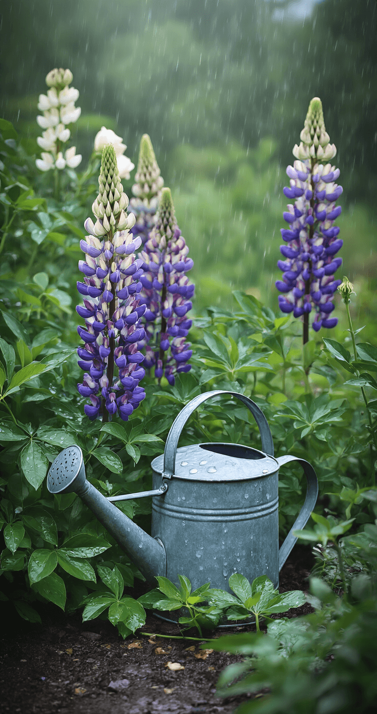 Close-up of a vintage zinc watering can nestled among drought-resistant perennials on a rainy day, showcasing water droplets on vibrant lupine leaves and rose petals, with a moody atmosphere and rich greens.
