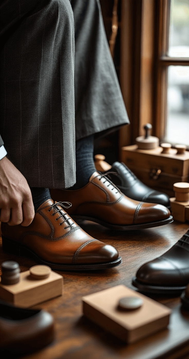 Close-up of burnished leather Oxford shoes being fitted in an upscale men's shoe boutique, highlighting the rich texture and craftsmanship, surrounded by traditional dress shoes in dark colors, vintage shoe forms, leather care products, and cedar shoe trees, all illuminated by soft morning light.