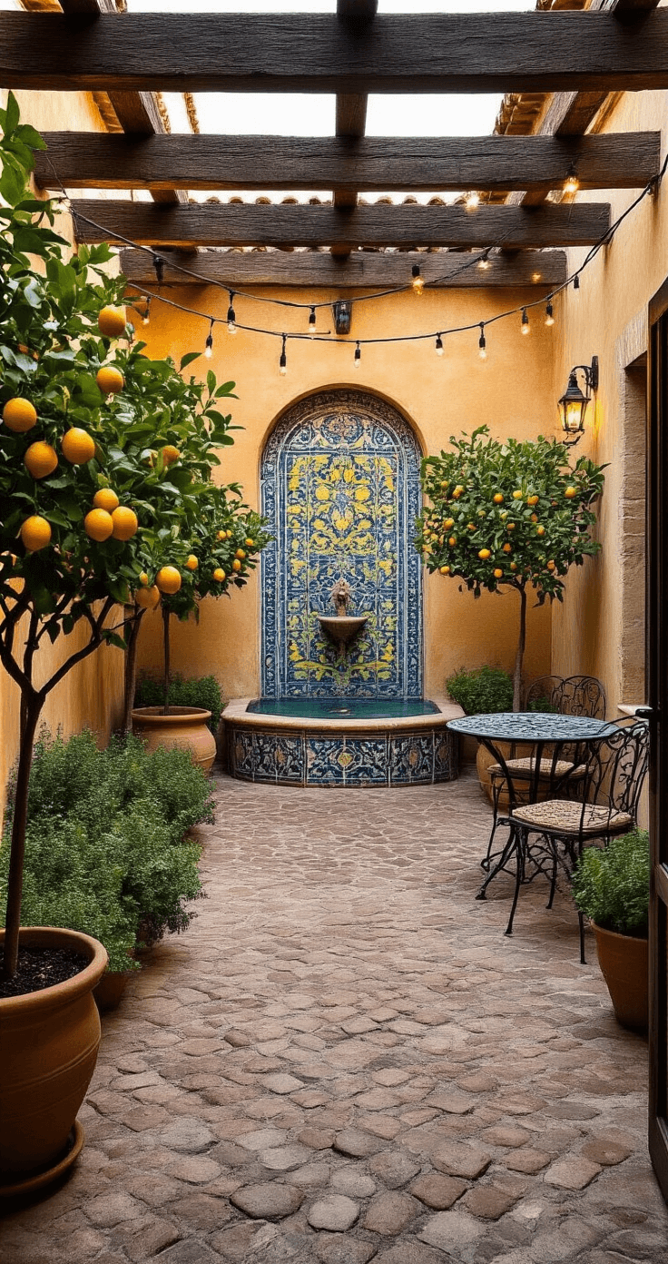 A tranquil courtyard featuring ancient cobblestone flooring, a hand-painted ceramic tile fountain, and potted lemon trees in terracotta pots, all illuminated by string lights and warm artificial light during magic hour.