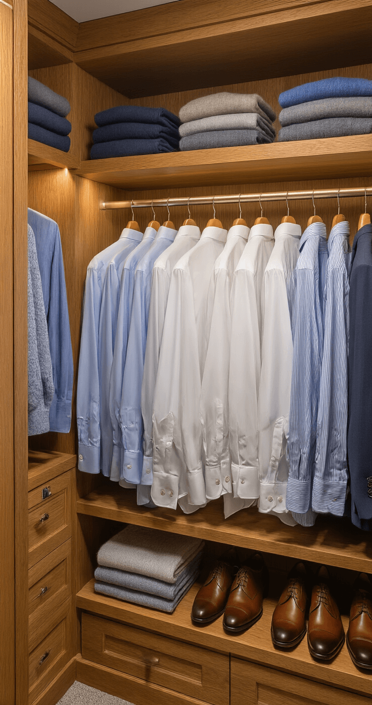 A neatly organized wood-paneled dressing room illuminated by soft ambient lighting, showcasing a wardrobe with pressed white and blue dress shirts arranged by color, along with folded cashmere sweaters on floating shelves and polished dress shoes, all emphasizing quality materials and meticulous organization.