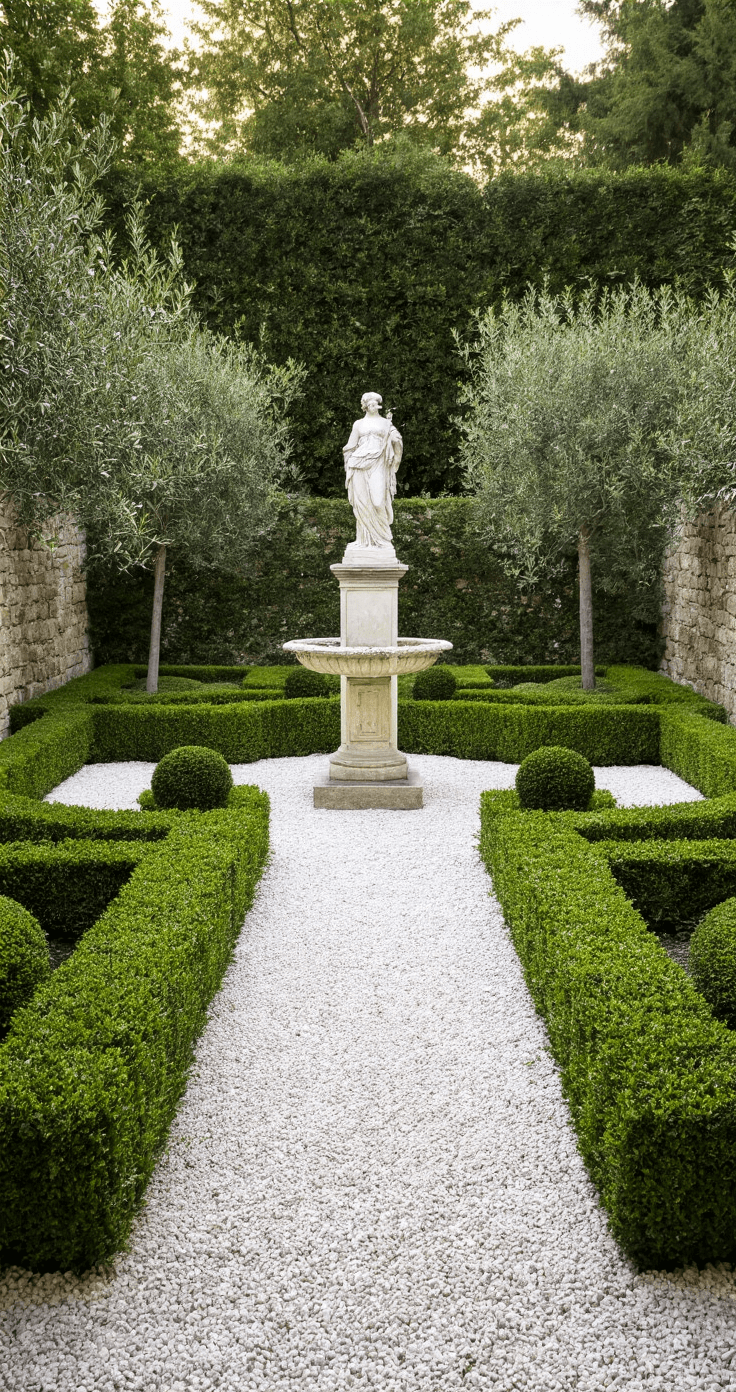 A formal garden quadrant with crisp boxwood parterres and white gravel paths leading to a classical stone statue, surrounded by precision-trimmed topiary spheres and espaliered olive trees against limestone walls, captured at eye level with a shallow depth of field.